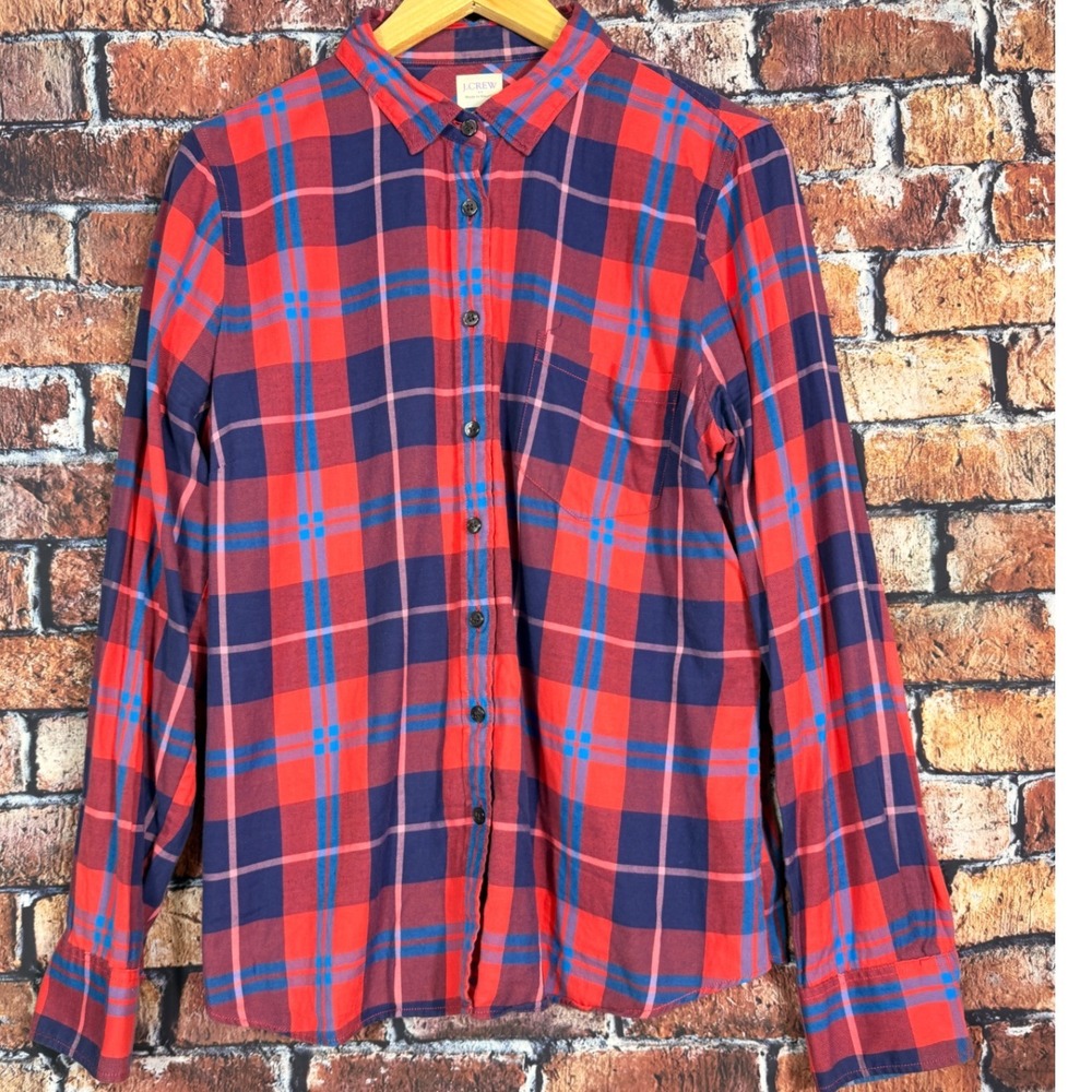 J.Crew Perfect Fit Plaid Button Down Shirt Red Navy Blue Cotton Size L